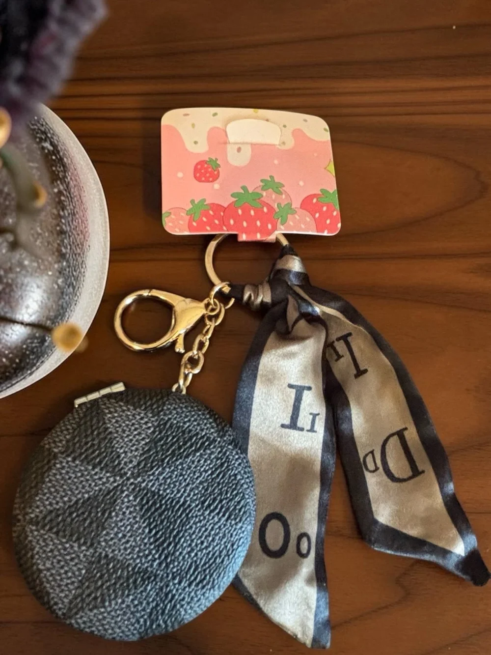 Portable Grey/Black Compact Double Sided Mirror Keychain w/ Ribbon- S/H Discount